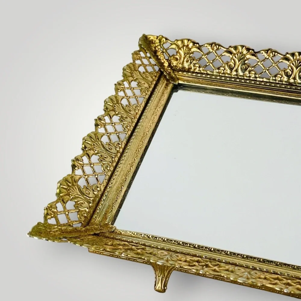 Gold Filigree Mirrored Vanity Tray Footed Hollywood Regency 1960s